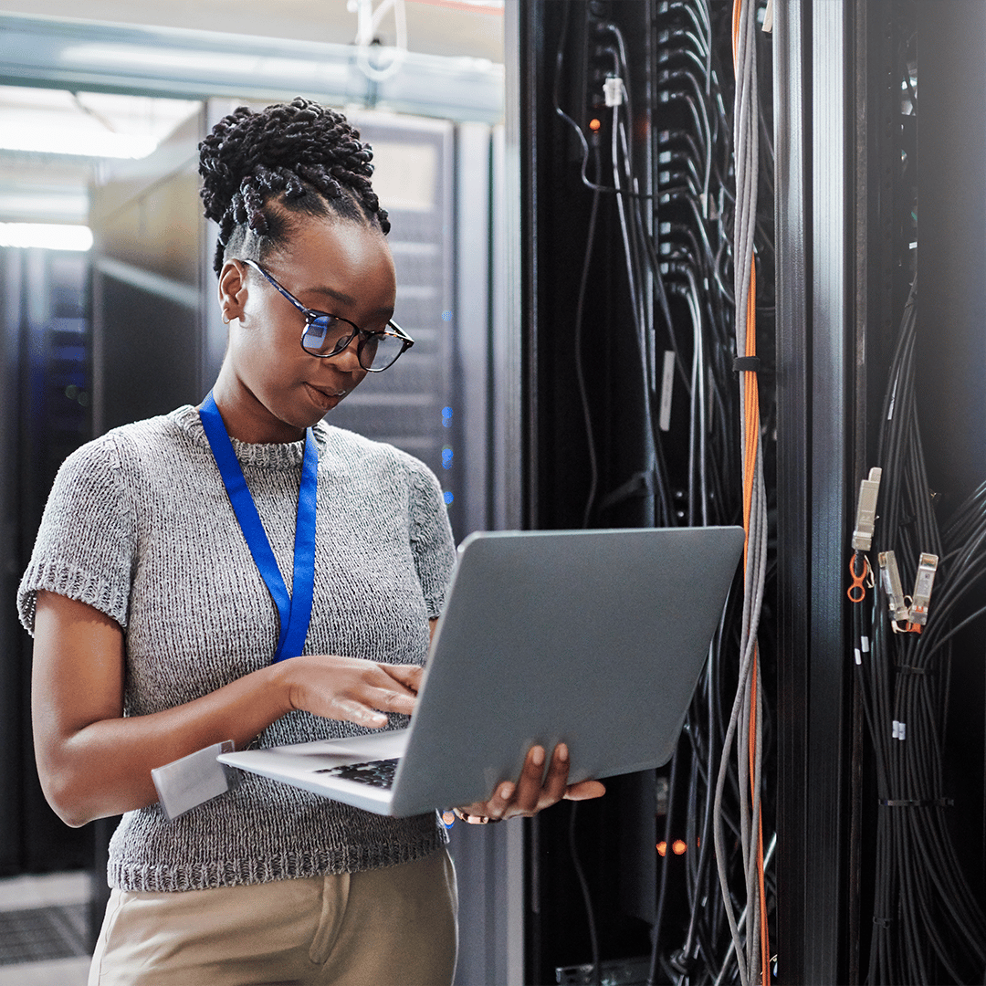 Cybersecurity professional in server room