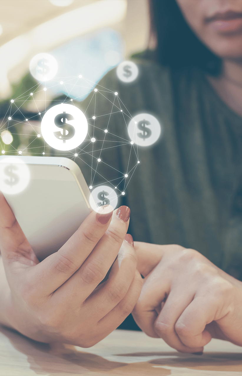 Woman holding phone using financial technology app 