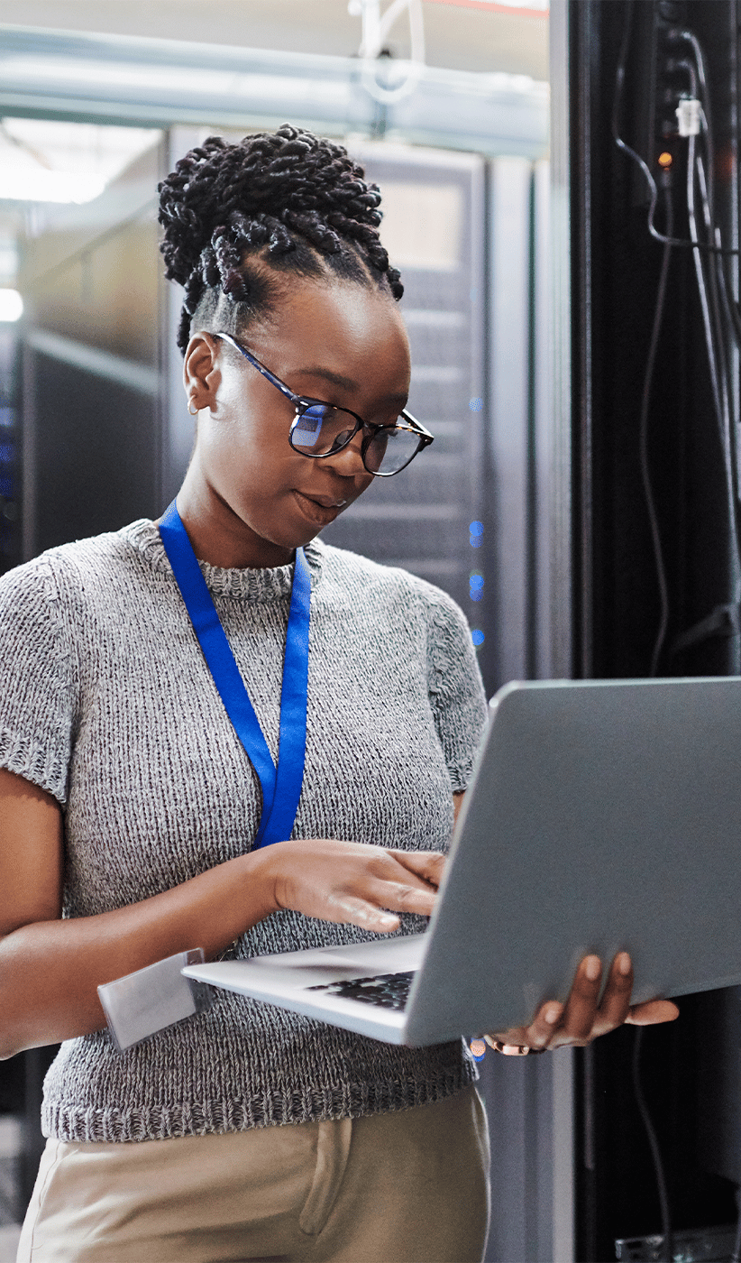 Cybersecurity professional in server room